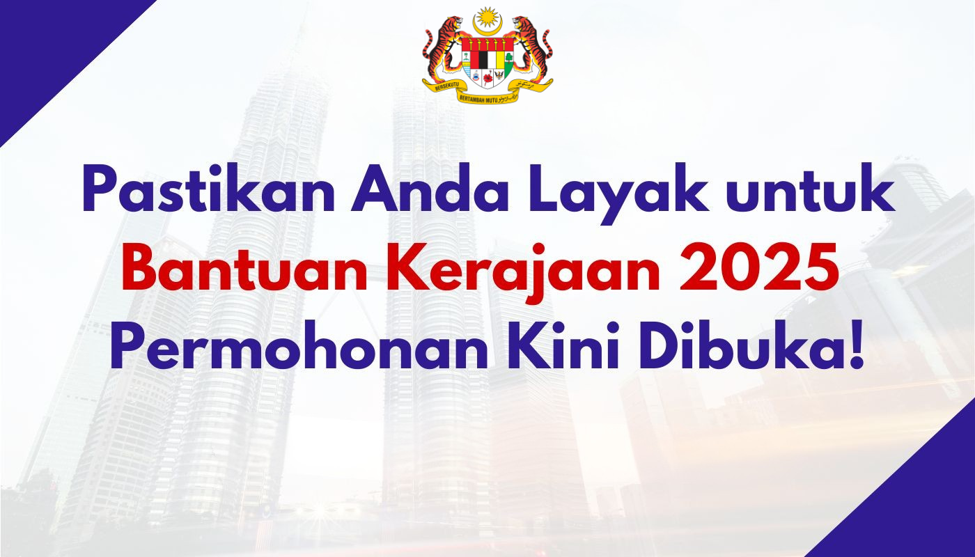 Corporate style banner with Malaysia Madani logo and Sumbangan Asas Rahmah SARA 2025 promotion with grocery box illustration